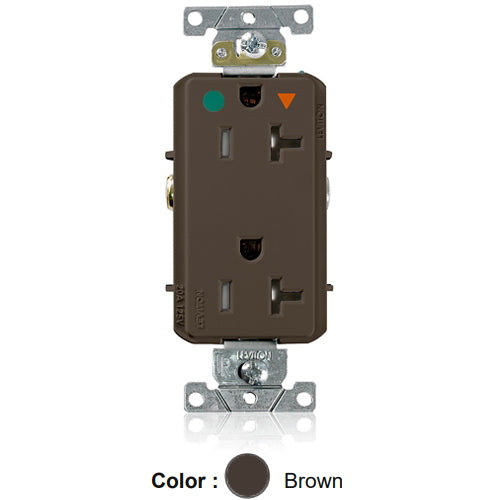 Leviton DT830-IGB, Decora Plus Straight Blade Duplex Receptacle, Heavy-Duty Hospital Grade, Smooth Face, Isolated Ground, Tamper-Resistant, 20A 125V, NEMA 5-20R, 2-Pole, 3-Wire, Back and Side Wire, Brown