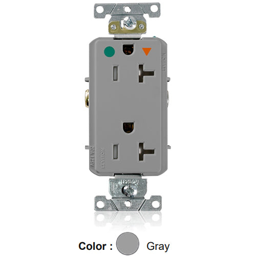 Leviton DT830-IGG, Decora Plus Straight Blade Duplex Receptacle, Heavy-Duty Hospital Grade, Smooth Face, Isolated Ground, Tamper-Resistant, 20A 125V, NEMA 5-20R, 2-Pole, 3-Wire, Back and Side Wire, Gray