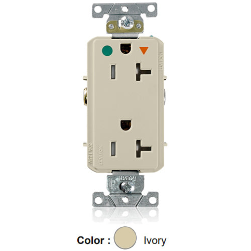 Leviton DT830-IGI, Decora Plus Straight Blade Duplex Receptacle, Heavy-Duty Hospital Grade, Smooth Face, Isolated Ground, Tamper-Resistant, 20A 125V, NEMA 5-20R, 2-Pole, 3-Wire, Back and Side Wire, Ivory