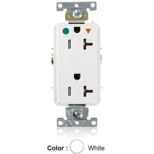Leviton DT830-IGW, Decora Plus Straight Blade Duplex Receptacle, Heavy-Duty Hospital Grade, Smooth Face, Isolated Ground, Tamper-Resistant, 20A 125V, NEMA 5-20R, 2-Pole, 3-Wire, Back and Side Wire, White
