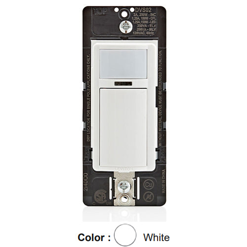 Leviton DVS02-1LW, Decora Wall Switch Passive Infrared (PIR) Motion Sensor, Relay Vacancy Sensor, Residential Grade, Single Pole, Manual-ON, 2A Resistive, White