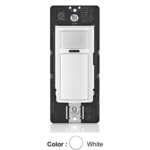 Leviton DVS15-1LZ, Decora Wall Switch Passive Infrared (PIR) Motion Sensor, Relay Vacancy Sensor, Residential Grade, Single Pole/Multi-Sensor/Multi-Way, Manual-ON, 1/2HP Motor, 15A Resistive, White
