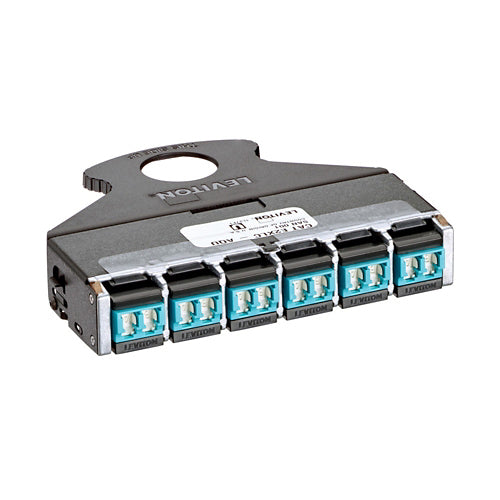 Leviton E2XLC-SAQ, e2XHD Quickport Pass-Through Cassette, 12-Fiber, OM3 and OM4, Shuttered LC, Aqua