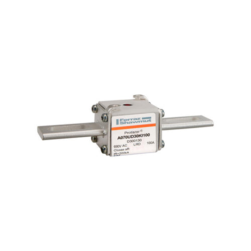 Mersen E300131, Square Body High-Speed Fuse, Fast Acting, Size 30 aR, 690/700VAC, 125A, With Striker Slotted Blades short