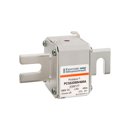 Mersen E300177, Square Body High-Speed Fuse, Fast Acting, Size 32 aR, 690/700VAC, 400A, With Striker DIN 80 Blades