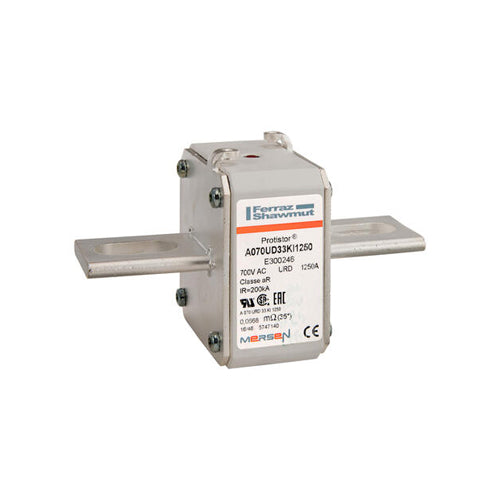 Mersen E300246, Square Body High-Speed Fuse, Fast Acting, Size 33 aR, 690/700VAC, 1250A, With Striker Slotted Blades short