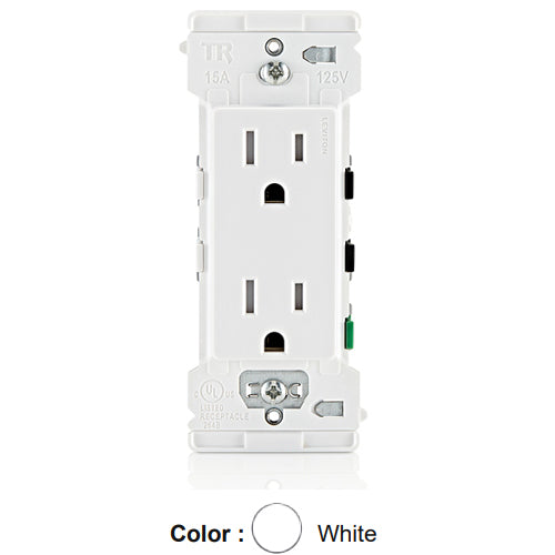Leviton E5325-W, Lever Edge Decora Straight Blade Duplex Receptacle, Residential Grade, Tamper-Resistant, 15 Amp / 20 Amp Feed-Through, 125 Volt, NEMA 5-15R, 2-Pole, 3-Wire, Self-Grounding, White, 2 Packs