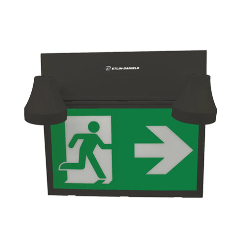 Etlin-Daniels EC302BLM-A13-BB-GU-10RC, LED Running Man Exit Sign with Adjustable 2 x 5W Combo Heads, Up to 34W of Remote Heads at 6VDC, 120 / 347V, Remote Capable, Black