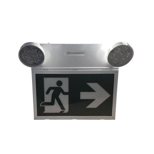 Etlin-Daniels EC302WHM-A13-BB-GU-10RC, LED Running Man Exit Sign with Adjustable 2 x 5W Combo Heads, Up to 34W of Remote Heads at 6VDC, 120/347V, Remote Capable, White