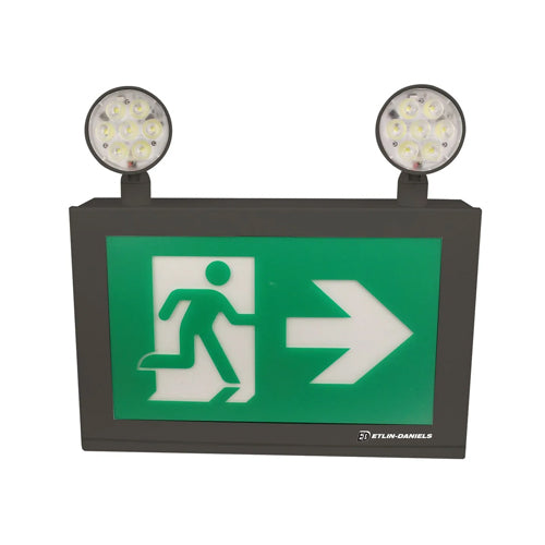 Etlin-Daniels EC3144BLM-A13U24-BB-GU-10RC, LED Running Man Exit Sign with Adjustable 2 x 5W Combo Heads, Up to 144W of Remote Heads at 24VDC, 120/347V, Remote Capable, Black