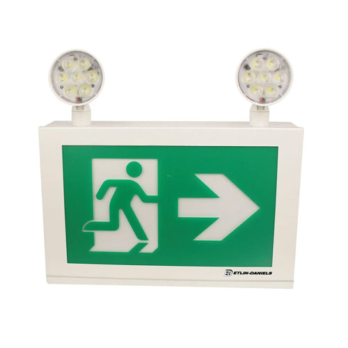 Etlin-Daniels EC3144WHM-A13U24-BB-GU-10RC, LED Running Man Exit Sign with Adjustable 2 x 5W Combo Heads, Up to 144W of Remote Heads at 24VDC, 120/347V, Remote Capable, White