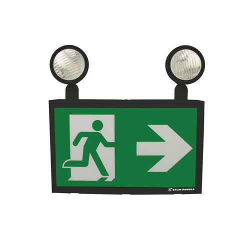 Etlin-Daniels EC322BLM-A13-BB-GU-4, LED Running Man Exit Sign with Adjustable 2 x 2W Combo Heads, 235 LM, 6500K, 120-347V, Battery Backup > 120 Min., No Remote Capability, Black