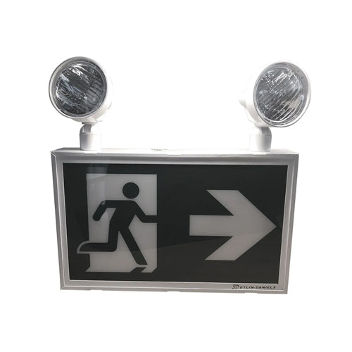 Etlin-Daniels EC322WHM-A13-BB-GU-4, LED Running Man Exit Sign with Adjustable 2 x 2W Combo Heads, 235 LM, 6500K, 120-347V, Battery Backup > 120 Min., No Remote Capability, White