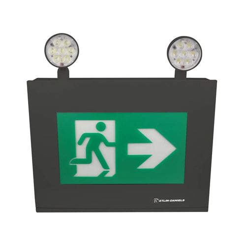 Etlin-Daniels EC3320BLM-A13U24-BB-GU-10RC, LED Running Man Exit Sign with Adjustable 2 x 5W Combo Heads, Up to 320W of Remote Heads at 24VDC, 120/347V, Remote Capable, Black