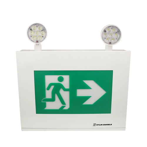 Etlin-Daniels EC3320WHM-A13U24-BB-GU-10RC, LED Running Man Exit Sign with Adjustable 2 x 5W Combo Heads, Up to 320W of Remote Heads at 24VDC, 120/347V, Remote Capable, White