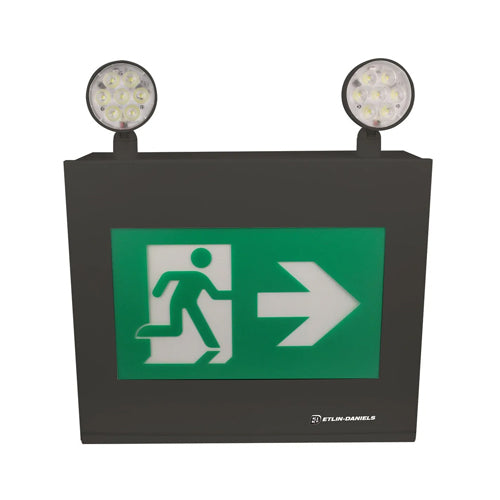 Etlin-Daniels EC3500BLM-A13U24-BB-GU-10RC, LED Running Man Exit Sign with Adjustable 2 x 5W Combo Heads, Up to 500W of Remote Heads at 24VDC, 120/347V, Remote Capable, Black