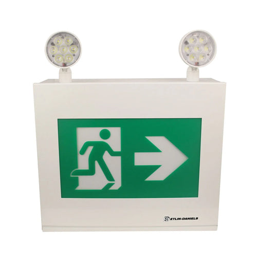 Etlin-Daniels EC3500WHM-A13U24-BB-GU-10RC, LED Running Man Exit Sign with Adjustable 2 x 5W Combo Heads, Up to 500W of Remote Heads at 24VDC, 120/347V, Remote Capable, White
