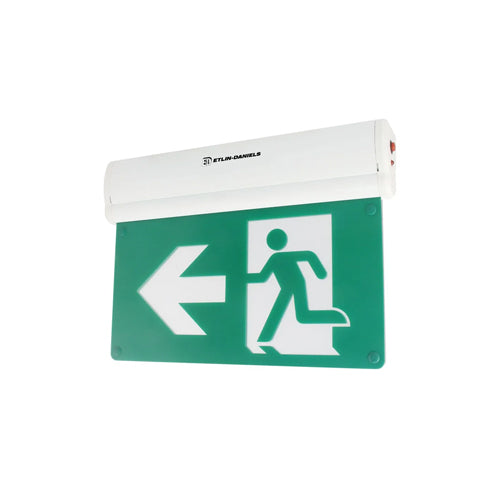 Etlin-Daniels EE300WH-A13BB-GU, LED Running Man Exit Sign Edge Lit with 180º Adjustable Acrylic Panels, 120 – 347V, 3.6VDC Battery Back Up > 120 Min., No Remote Capability