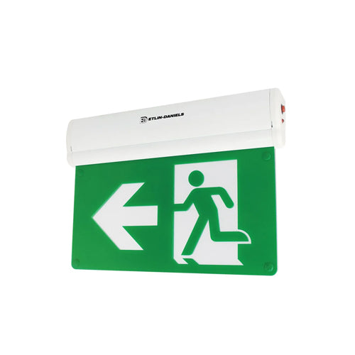 Etlin-Daniels EE300WH-U24D-GU, LED Running Man Exit Sign Edge Lit with 180º Adjustable Acrylic Panels, 120–347VAC/6-24VDC, 6000-6500K, White
