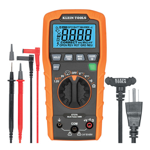 Klein Tools ET270, Auto-Ranging Digital Multi-Tester with Standard/GFCI Receptacle Tester
