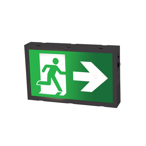 Etlin-Daniels EX300BLM-U24D-GU, LED Running Man Exit Sign, Metal Frame Single and Double Sided, 120-347VAC/6-24VDC, 6000K-6500K, Black