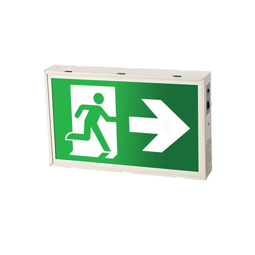 Etlin-Daniels EX300WHM-A13-BB-GU, LED Running Man Exit Sign, Metal Frame Single and Double Sided Operation, 120/347V, Battery Back Up > 120 Min., No Remote Capability, White, 85 CRI