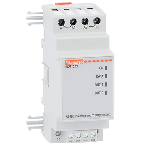 Lovato EXM1020, Expansion Module EXM Series for Modular Products, Opto-Isolated RS485 Interface and 2 Relay Outputs, Rated 5A 250VAC