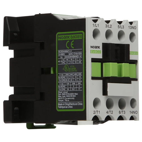 Noark Ex9CDS18A30G7A, Ex9CD Series, Standard IEC Contactor, Non-Reversing, 18A, Screw Terminals, 3-Poles (3P; 3NO), 120Vac Coil Voltage, 50/60 Hz, 1NO Auxiliary Contact