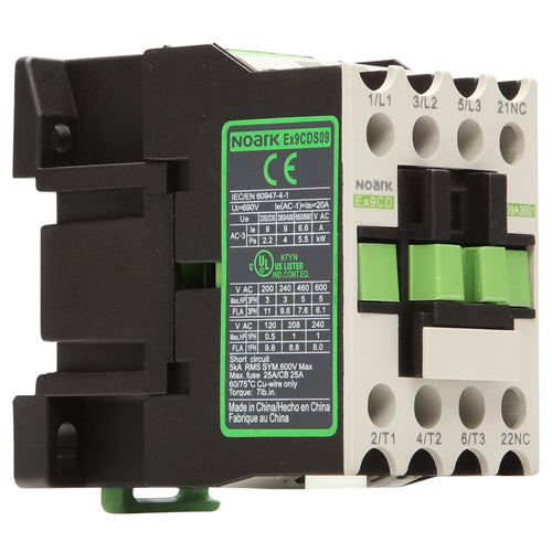 Noark Ex9CDS12A30T7A, Ex9CD Series, Standard IEC Contactor, Non-Reversing, 12A, Screw Terminals, 3-Poles (3P; 3NO), 480Vac Coil Voltage, 50/60 Hz, 1NO Auxiliary Contact