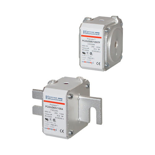 Mersen F300247, Square Body High-Speed Fuse, Fast Acting, Size 33 aR, 690/700VAC, 1400A, With Striker Slotted Blades short