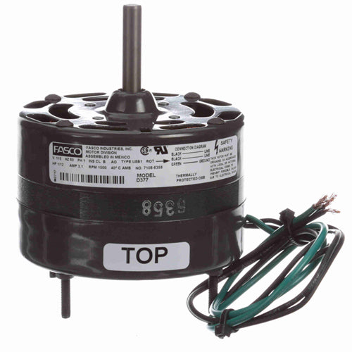 Fasco FA-D377, 4.4'' General Purpose Motor, Sleeve Bearing, Open Air Over, Shaded Pole, 1/12 HP, 115 Volt, 1/1500 Spd/RPM, 3.1 Amps, CCW Rotation, 3/8''x2'' Shaft