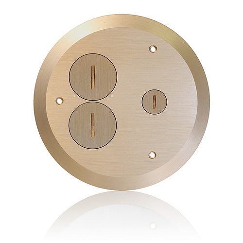 Leviton FBC1X-B, Cover Plate for FBBOX-GY and FBLEV-GY Concrete Floor Box System, 2 Duplex Screw Caps & 1 Data Cap, Brass
