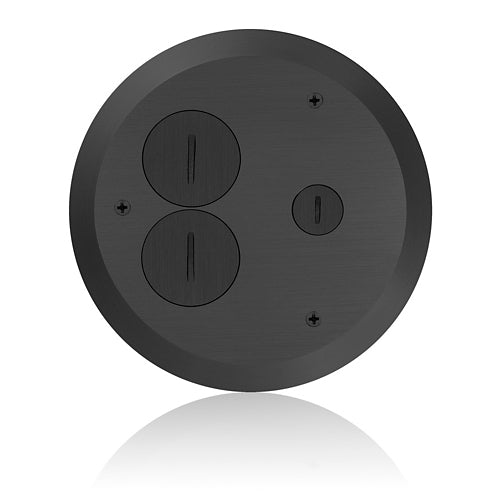 Leviton FBC1X-E, Cover Plate for FBBOX-GY and FBLEV-GY Concrete Floor Box System, 2 Duplex Screw Caps & 1 Data Cap, Black