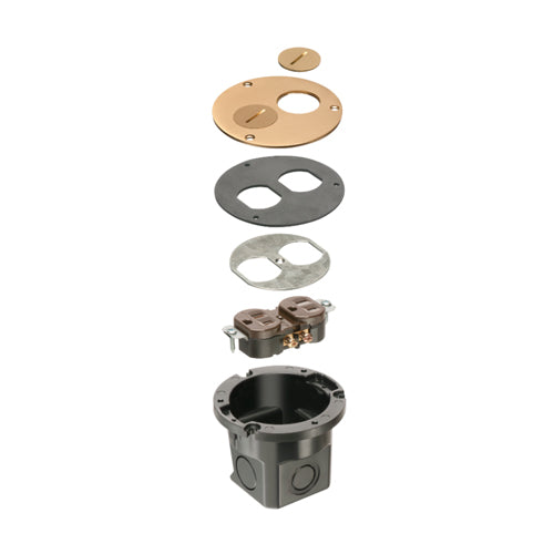 Arlington FLB3520MBGC, Flush To Floor Round Cut In Floor Box Kit. Brass Cover With Threaded Plugs, With Grounding Clip