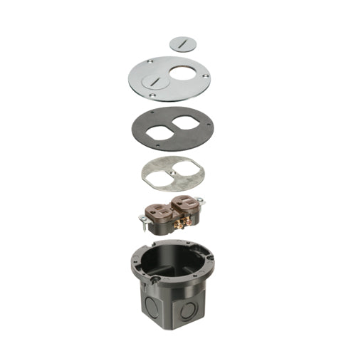 Arlington FLB3520NLGC, Flush To Floor Round Cut In Floor Box Kit. Nickel-Plated Cover With Threaded Plugs, With Grounding Clip