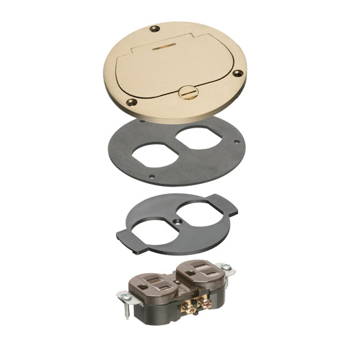 Arlington FLB3531MBTK, Flush to Floor Round Cut In Floor Box Kits with Single Flip Lid, Includes Gasket and Receptacle, 1-Gang, Metallic Brass