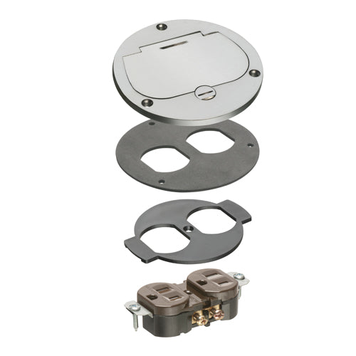 Arlington FLB3531NLTK, Flush to Floor Round Cut In Floor Box Kits with Single Flip Lid, Includes Gasket and Receptacle, 1-Gang, Nickel