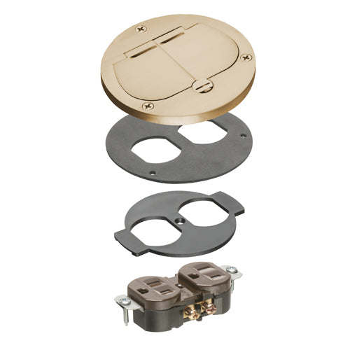 Arlington FLB3532MBTK, Flush to Floor Round Cut In Floor Box Kits with Two Flip Lids, Includes Gasket and Receptacle, 1-Gang, Metallic Brass