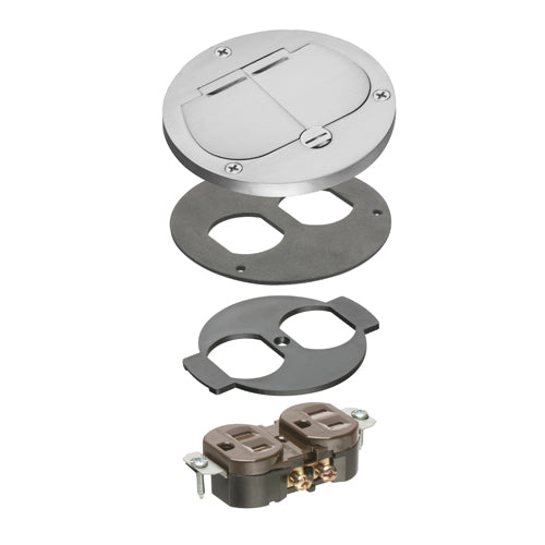 Arlington FLB3532NLTK, Flush to Floor Round Cut In Floor Box Kits with Two Flip Lids, Includes Gasket and Receptacle, 1-Gang, Nickel Plated