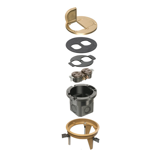 Arlington FLB4360MBGC, Dropin Floor Box Kits With Brass Cover and Flip Lids, Round 4" Diameter, 1-Gang, Plastic