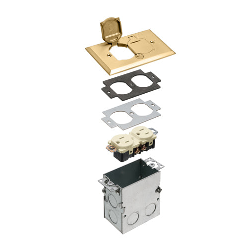 Arlington FLB5331MB, Floor Box Kit with Steel Box and 2-Flip Lids, 1-Gang, Brass Cover, For New and Existing Floors