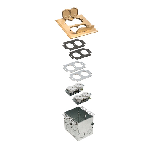 Arlington FLB5551MB, Floor Box Kit With Steel Box And Metal Cover With Four Flip Lids, 2 Gang With Gasket And Two Tamper Resistant Receptacle, Brass