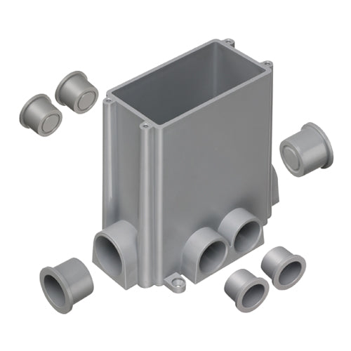 Arlington FLBC101RK, Concrete Box with Plugs and Mud Cover, (4) x 3/4" Plugs, (2) x 1" Plugs, 1-Gang, Plastic, Gray, For New Concrete