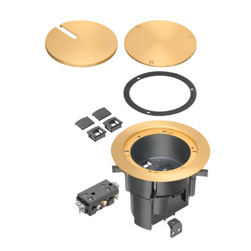 Arlington FLBR5420MBGC, 1-Gang IN BOX Floor Box Kit with Recessed Wiring Device, Brass-plated, With Grounding Clip