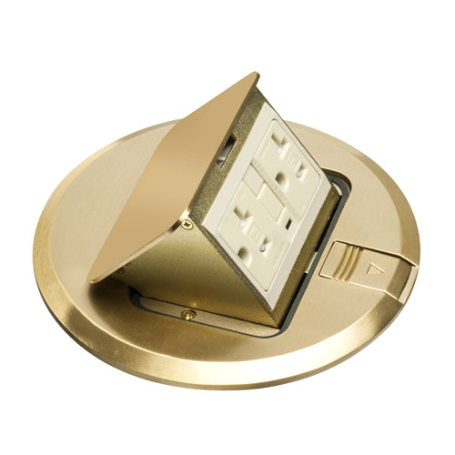 Arlington FLBT6620GMB,  6" Round Popup Trapdoor Cover, Brass With Tamper Resistant, GFCI 20 Amp Receptacle