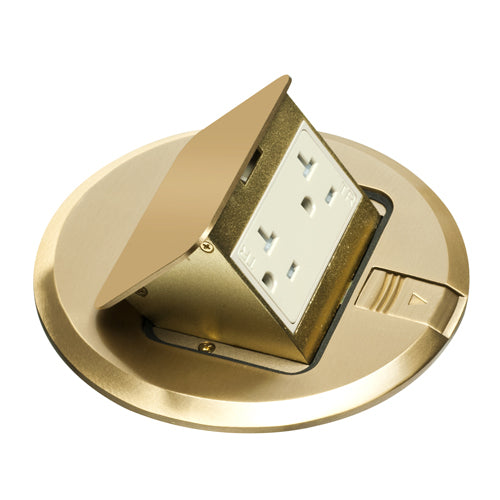 Arlington FLBT6620MB, 6" Round Popup Trapdoor Cover, Brass With Tamper Resistant, 20 Amp Receptacle