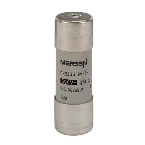 Mersen FR22GG69V25P, gG Cylindrical Fuse-Links, Size 22x58mm, 690VAC/250VDC, 25A, With Striker