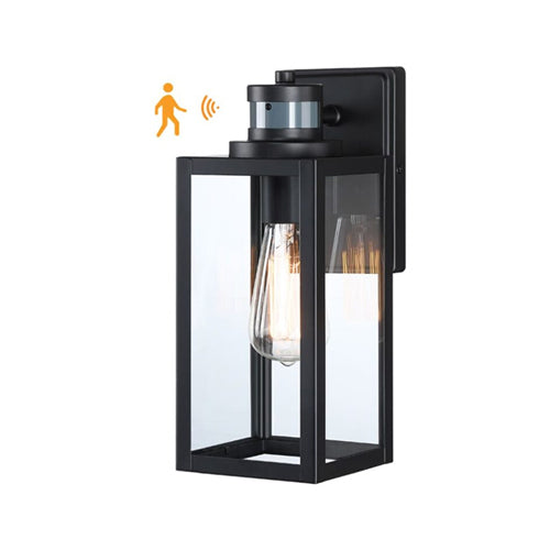 Votatec FS00493, LED Wall Light With Sensor, Small, Rio Collection, 60W, E26 Base, Black, Clear Glass, Steel, Down Install