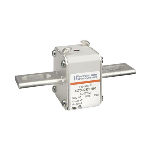 Mersen G300202, Square Body High-Speed Fuse, Fast Acting, Size 32 aR, 690/700VAC, 900A, With Striker Slotted Blades short