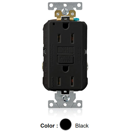 Leviton G5262-E, SmartlockPro Self-Test GFCI Duplex Receptacle, LED Power Indication, Extra Heavy-Duty Industrial Specification Grade, 15A 125V, NEMA 5-15R, 2-Pole, 3-Wire, Back and Side Wired, Self-Grounding, Black